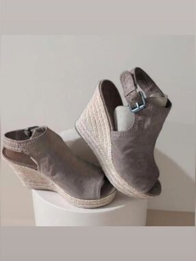 Women's Taupe Microsuede Shield Espadrille Wedge Pump